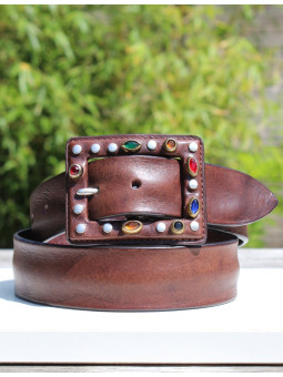 Ceinture Femme En Cuir Véritable Noir - Boucle Petite Avec Pierres Turquoises - Style Cowgirl