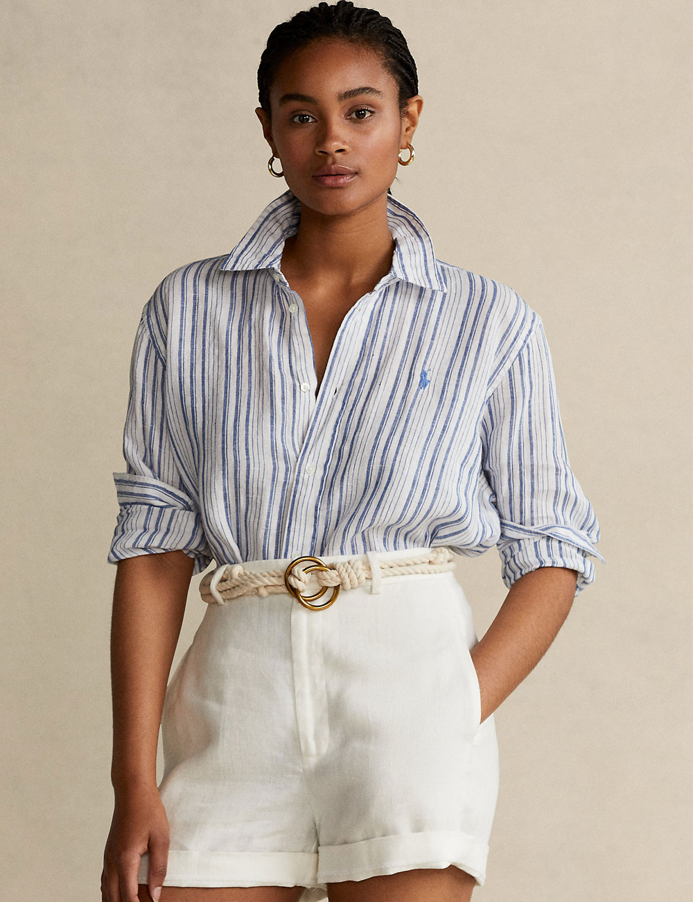 Chemise rayée en lin bleu et blanc Polo Ralph Lauren pour femme